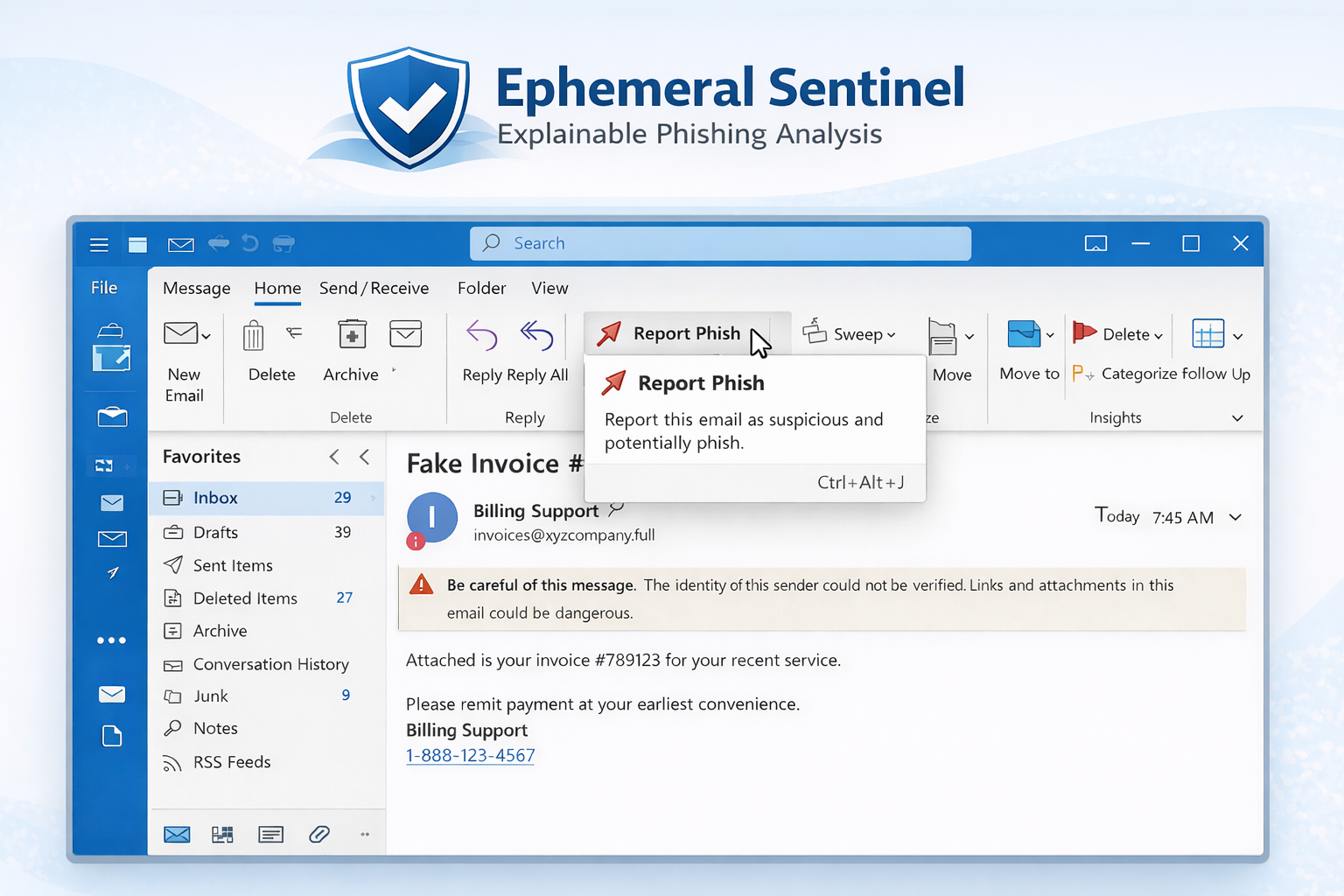 Example phishing email as it appears in Outlook before being reported
